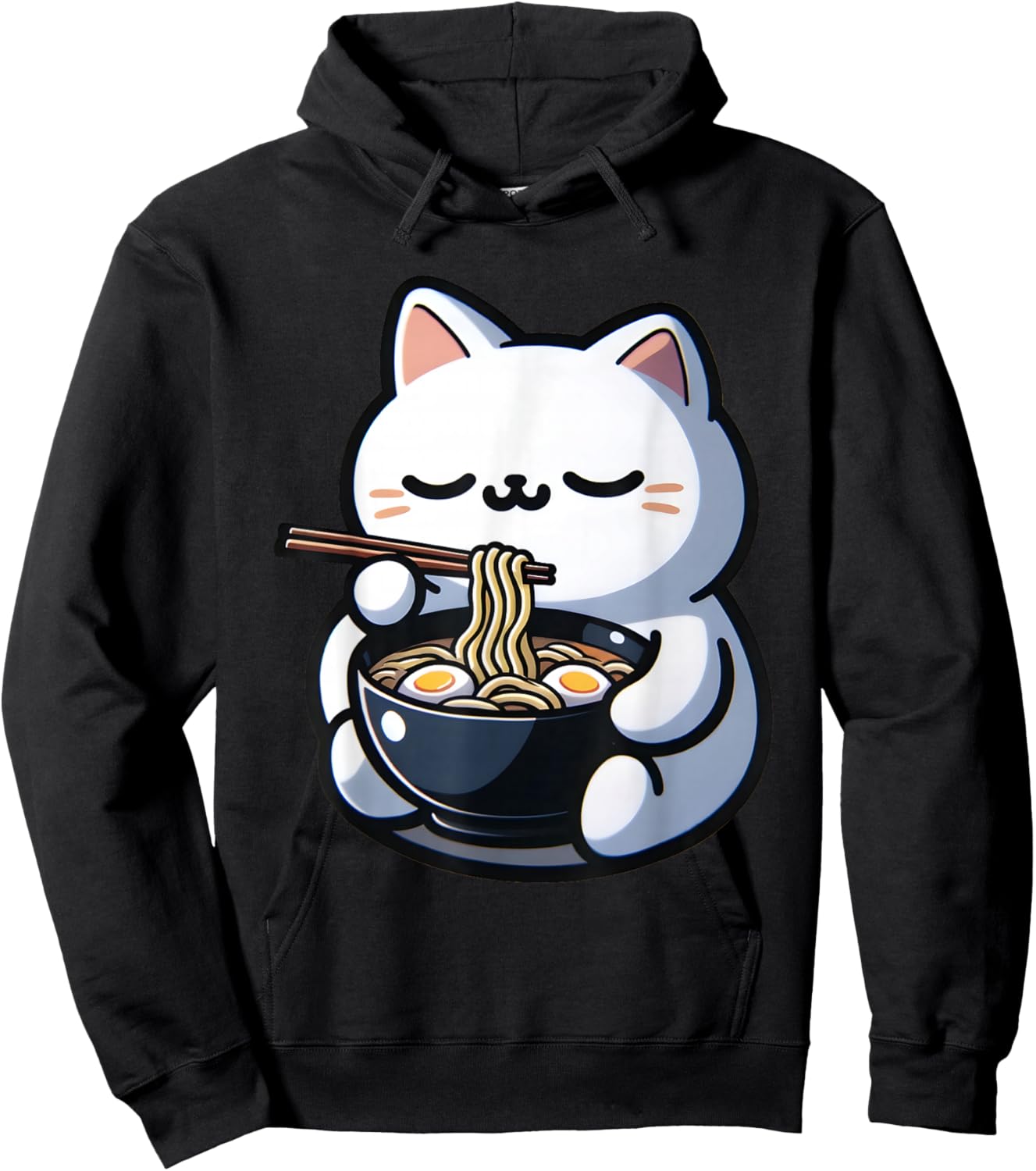 Cat Eating Ramen Noodles Kawaii Anime Japanese Cute Neko Hoodie - Hoodie | Black