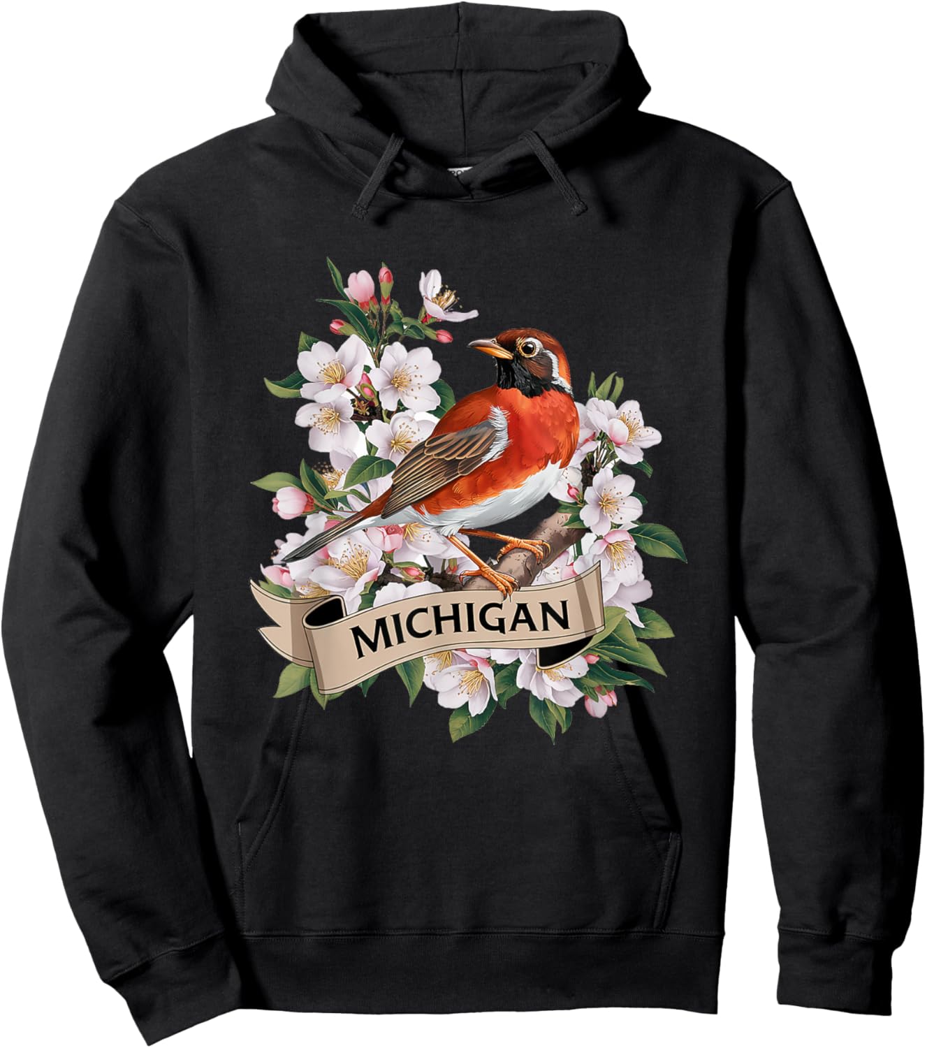 Michigan American Robin Bird and Apple Blossom Flower Hoodie - Hoodie | Black