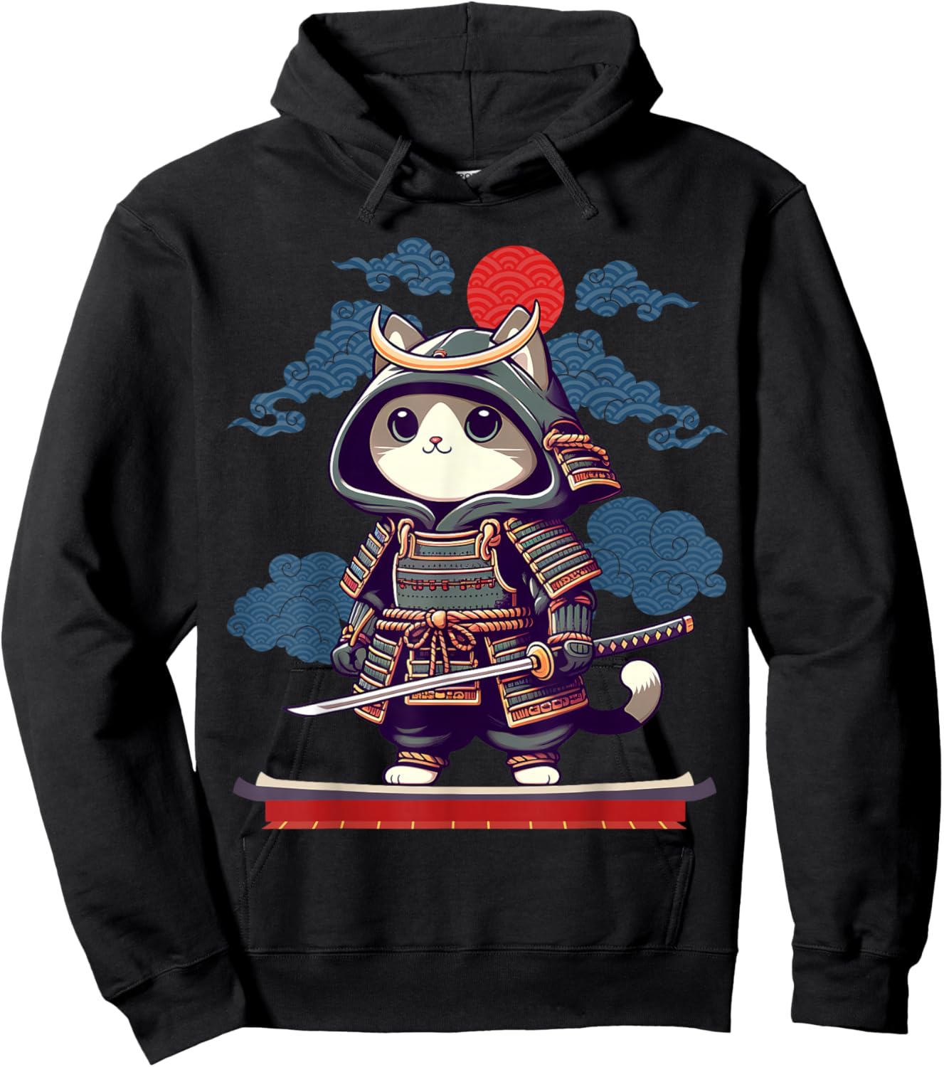 Japanese Samurai Cat Tattoo Kawaii Ninja Cat Anime Cute Kids Hoodie - Hoodie | Black