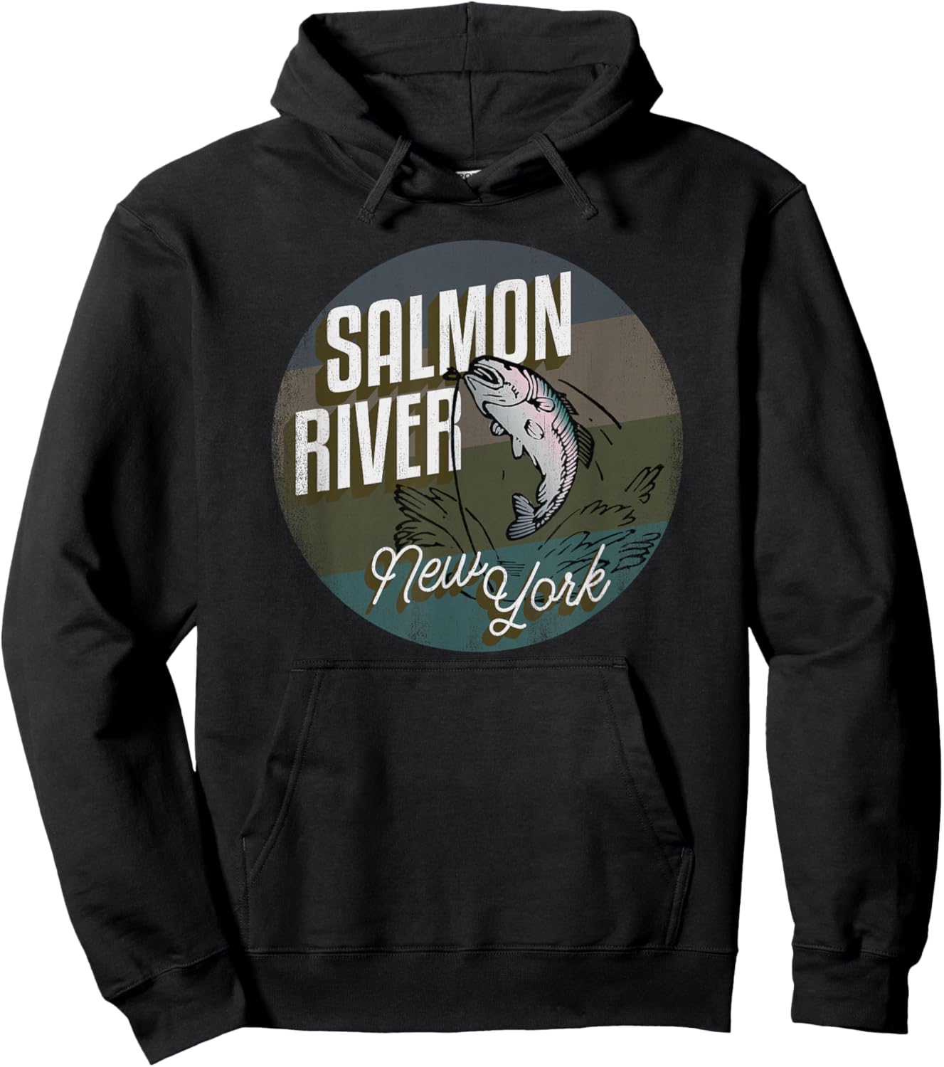 Salmon River NY Souvenir Fishing Vintage Style Salmon Hoodie - Hoodie | Black