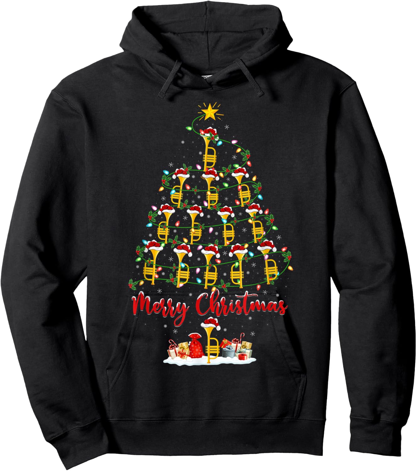 Trumpet Christmas Tree Lights Funny Trumpet Xmas Hoodie - Hoodie | Black