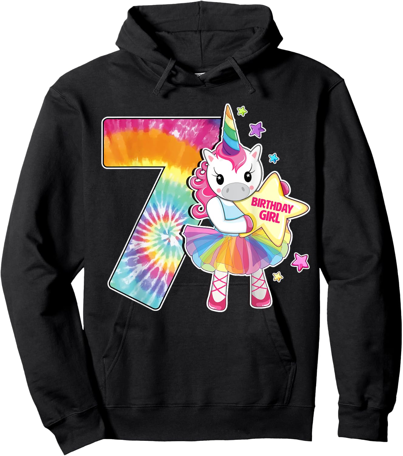 7th Birthday Unicorn Shirt Gift Girls Age 7 Tie Dye Hoodie - Hoodie | Black
