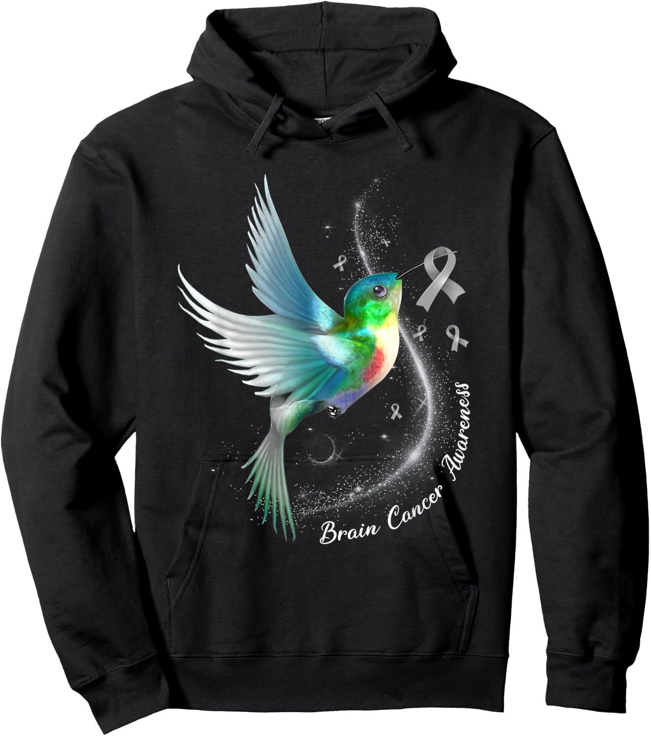 Grey Ribbon Hummingbird Brain Cancer Awareness Month Hoodie - Hoodie | Black