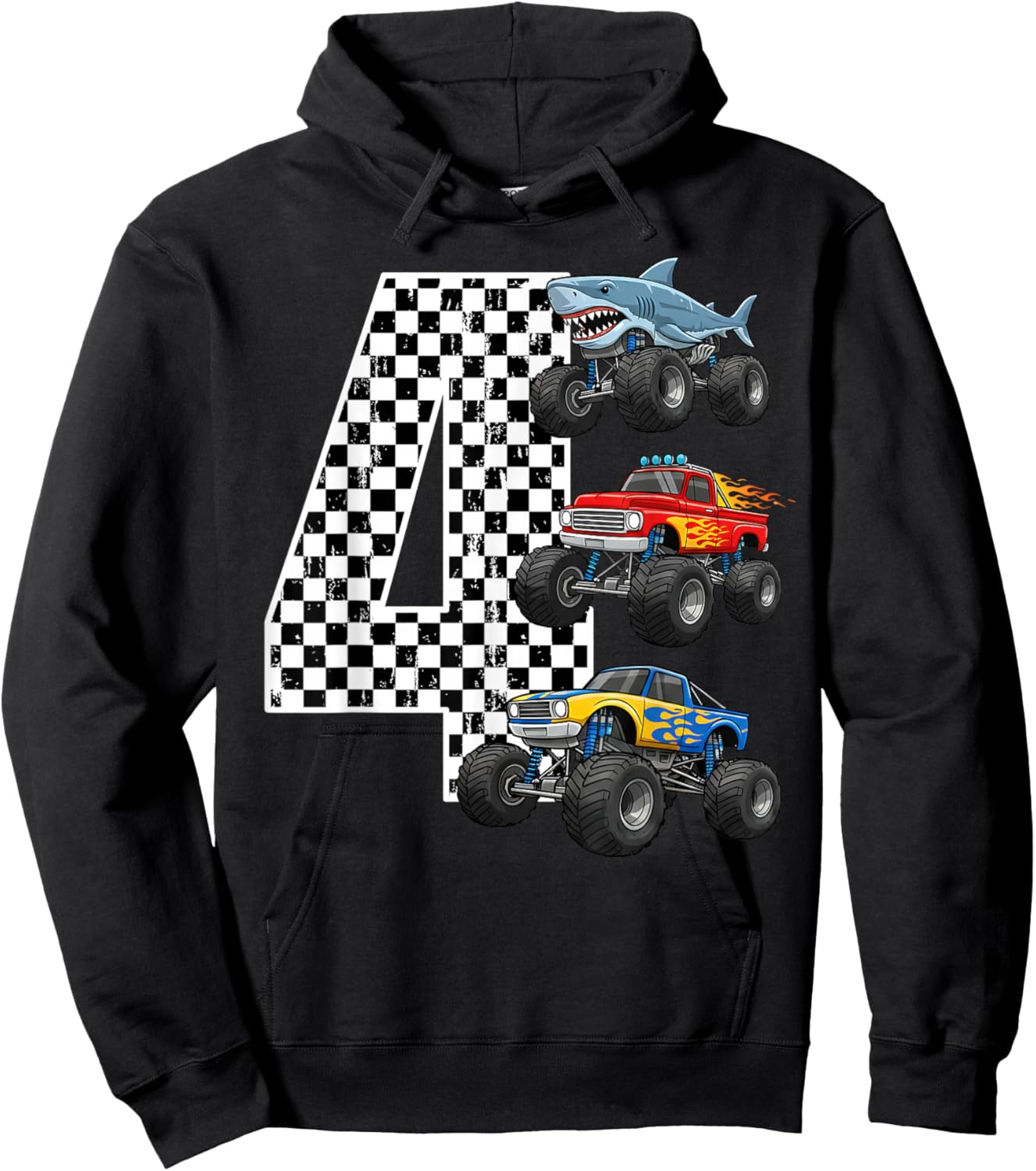 Birthday Monster Truck 4 Year Old Boys 4th Party Hoodie - Hoodie | Black