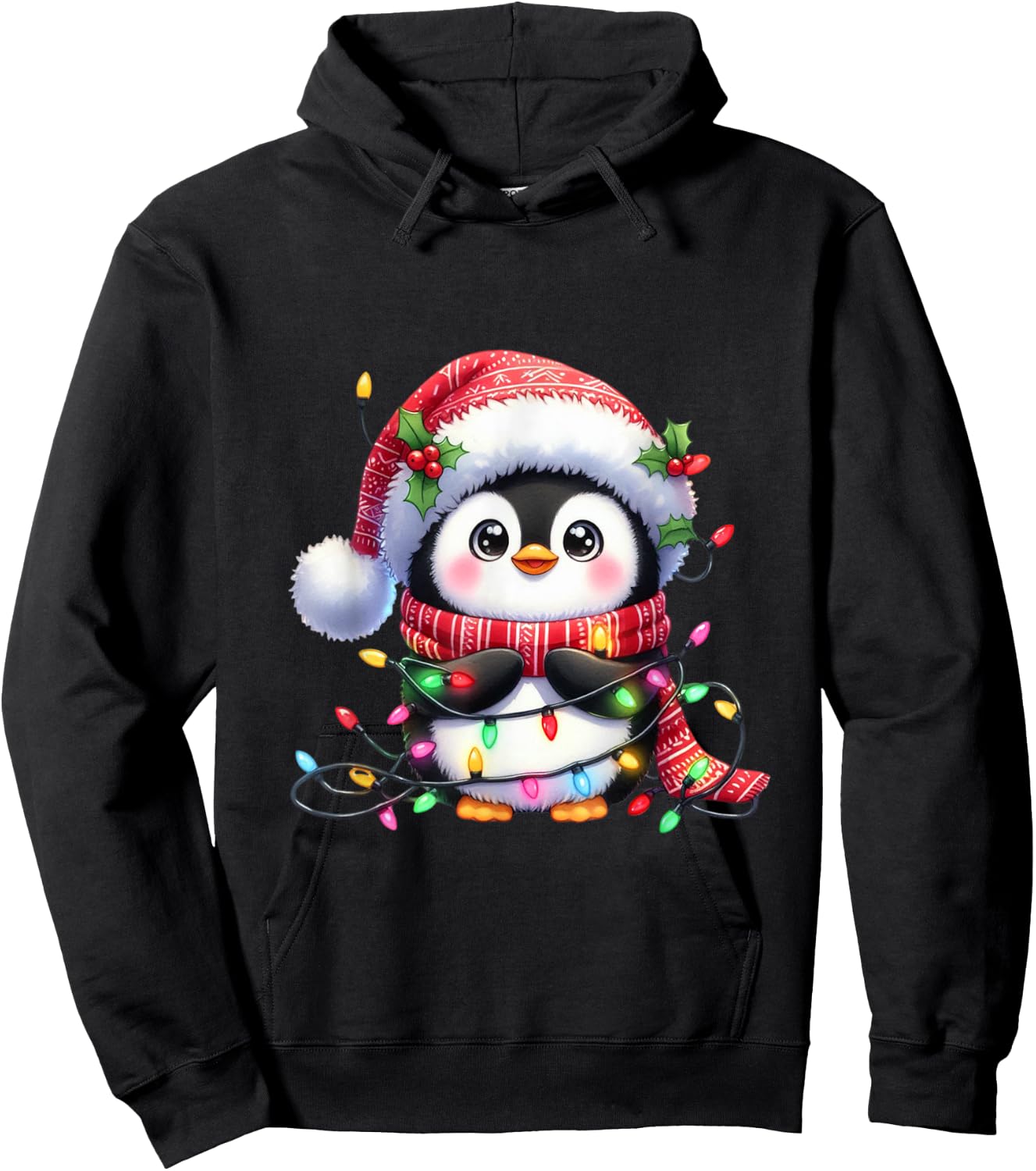 Penguin Christmas Lights Santa Hat Xmas Penguin Lover Hoodie - Hoodie | Black