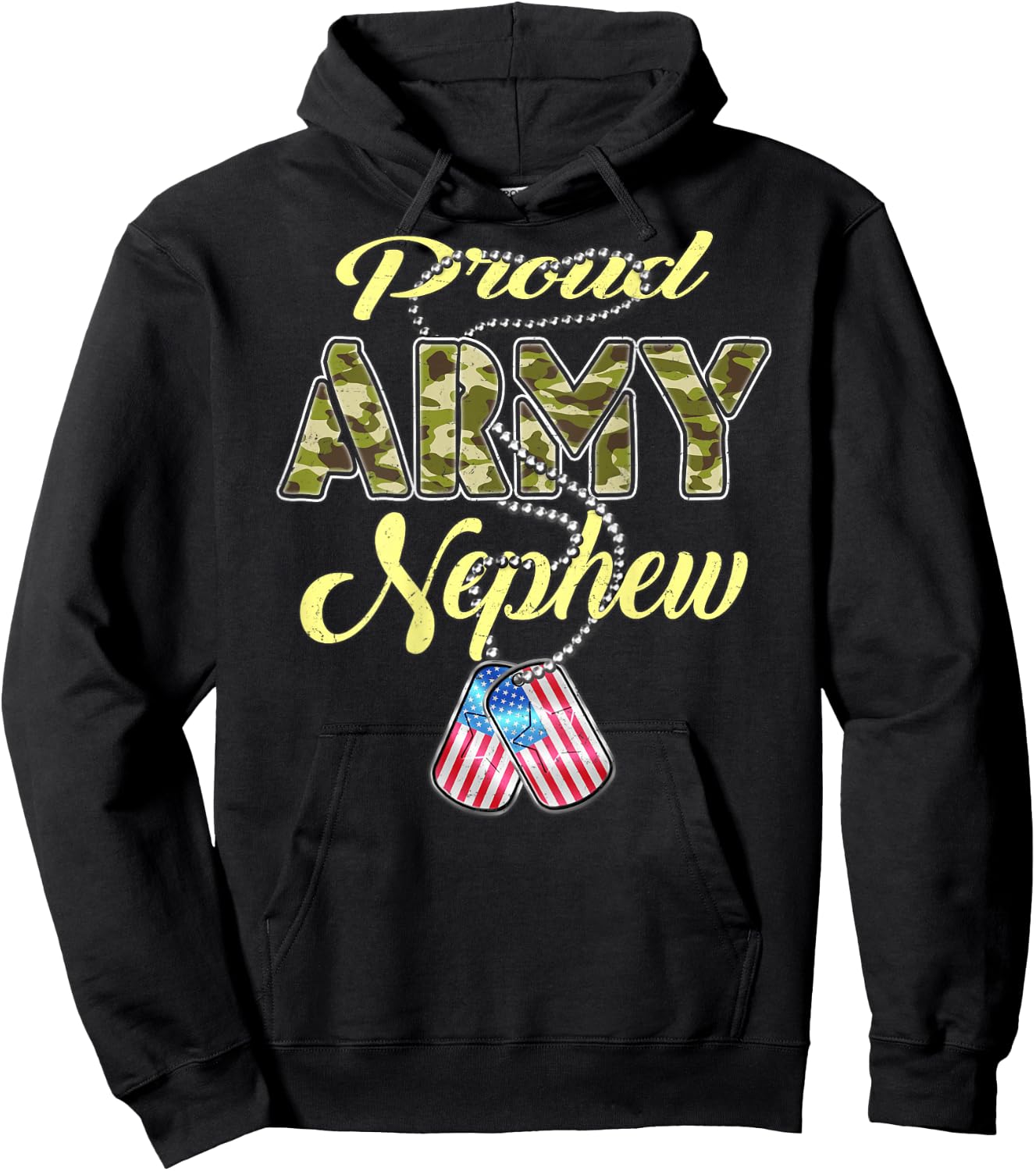 Proud Army Nephew US Flag Dog Tags Pride Military Family Hoodie - Hoodie | Black