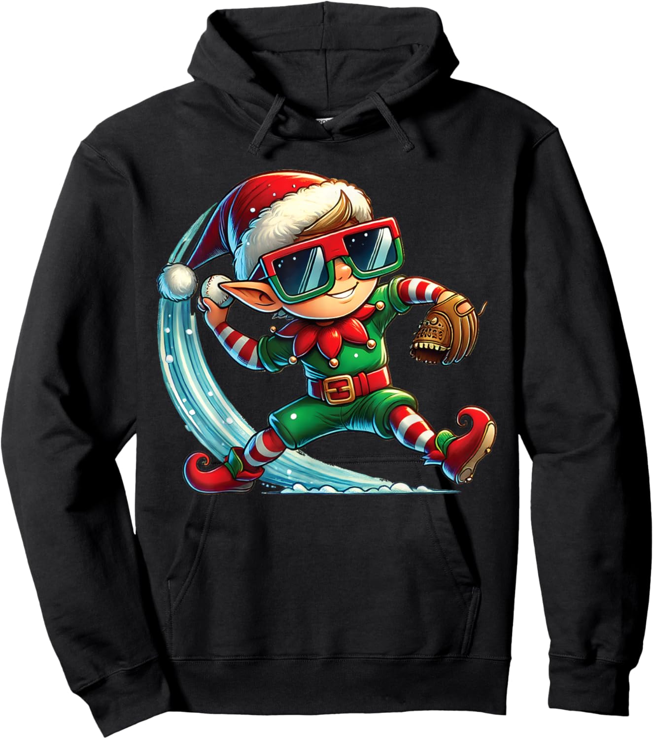 Elf Playing Baseball as Pitcher Boys Kids Teens Christmas Hoodie - Hoodie | Black