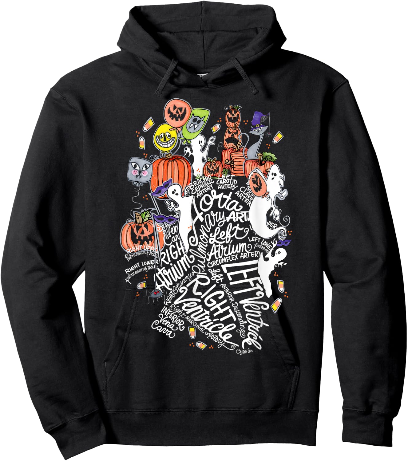 Anatomical Heart Halloween Medical White Word Cloud Line Art Hoodie - Hoodie | Black