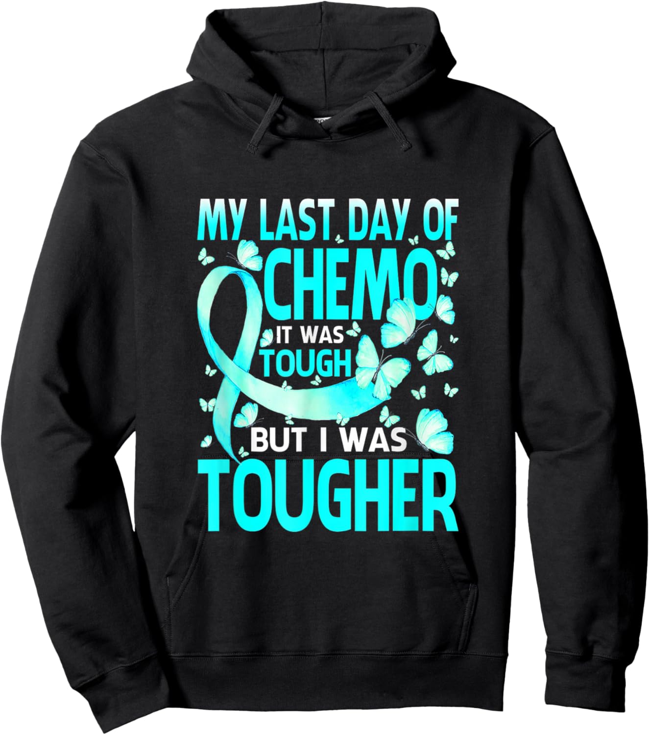 Last Day Of Chemo Ovarian Cancer Awareness Ribbon Butterfly Hoodie - Hoodie | Black