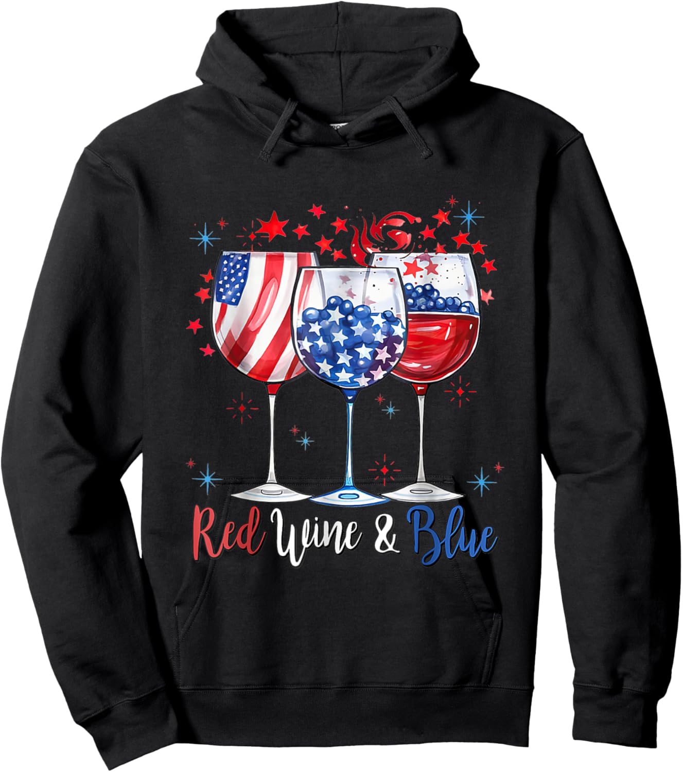 Red Wine & Blue 4th Of July Wine Glasses American Flag Men Hoodie - Hoodie | Black