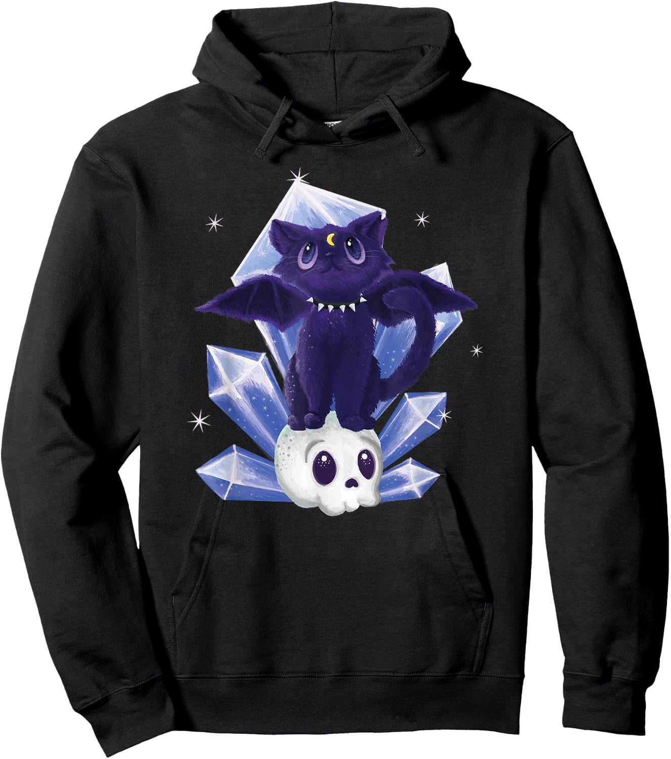 Kawaii Pastel Goth Cute Creepy Witchy Cat and Skull Hoodie - Hoodie | Black