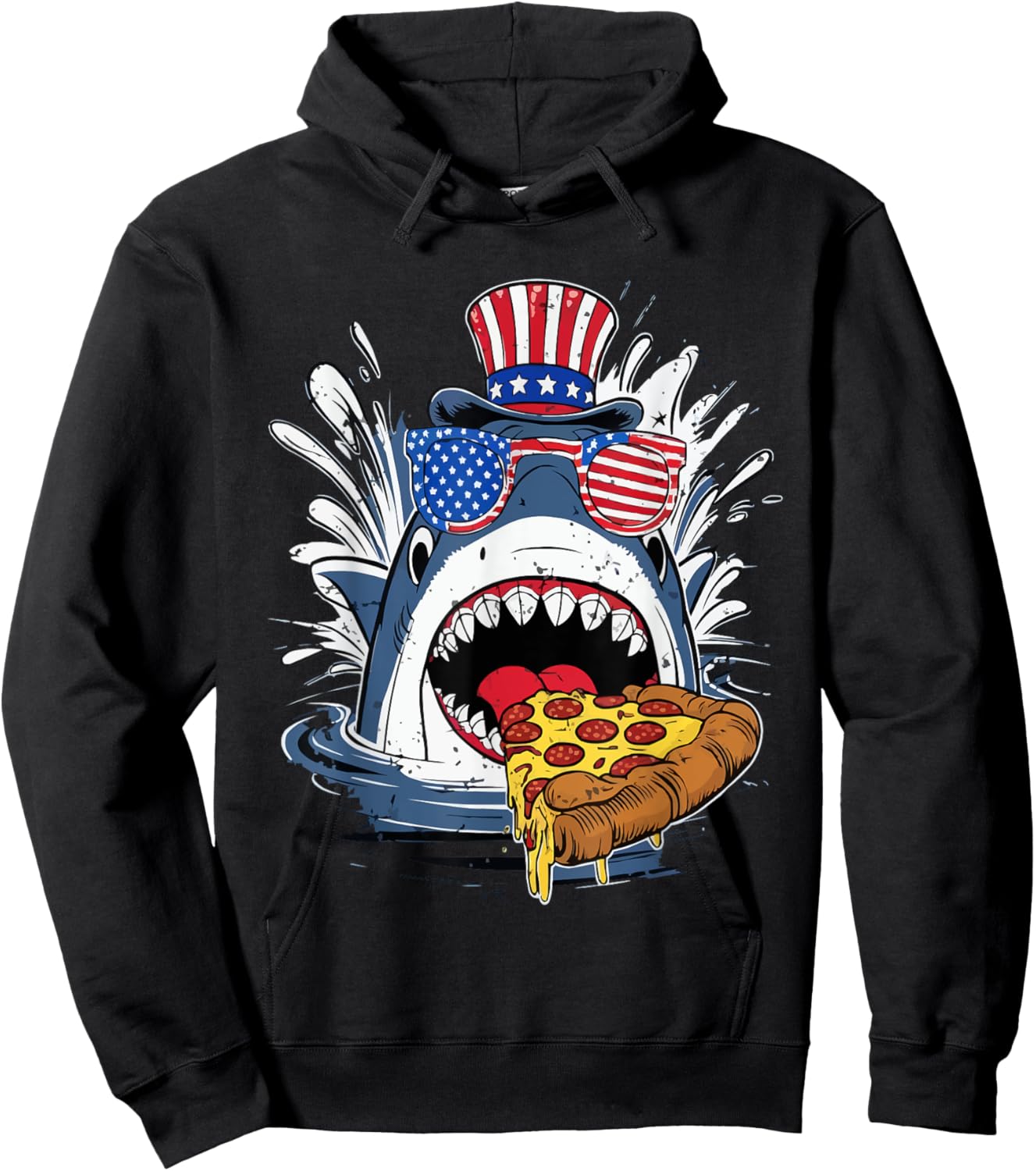 funny Shark Eating Pizza 4th of july shark glasses usa flag Kids Men Hoodie - Hoodie | Black