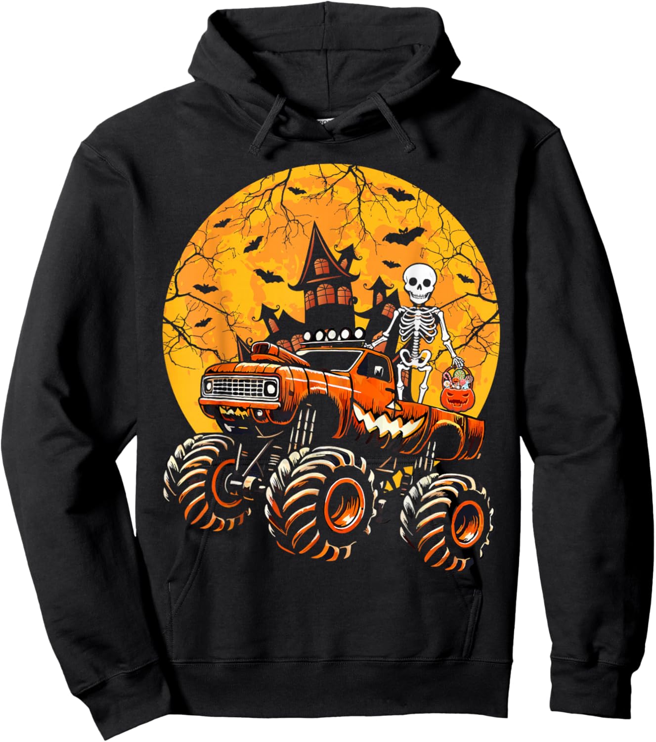 Halloween Skeleton Riding Monster Truck Pumpkin Boys Kids Hoodie - Hoodie | Black