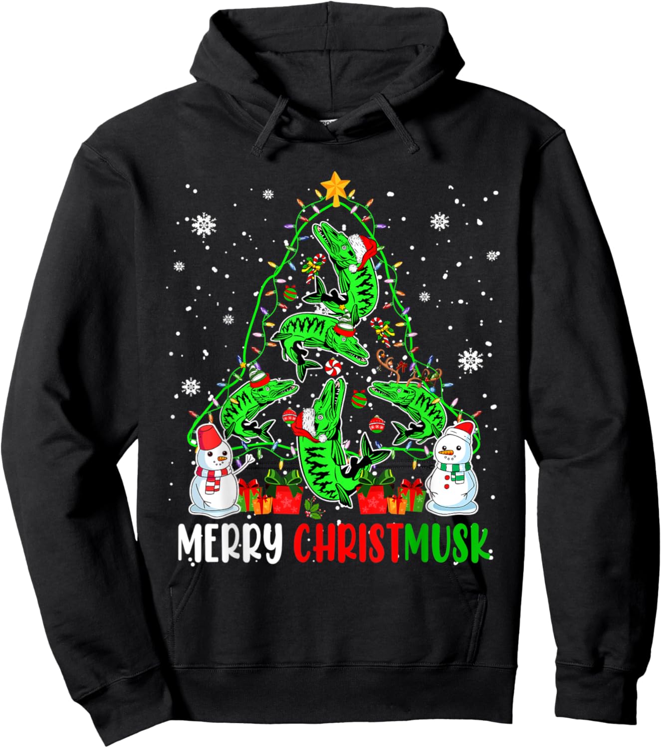 Merry Christmas Musky Funny Santa Musky Fishes As Xmas Tree Hoodie - Hoodie | Black