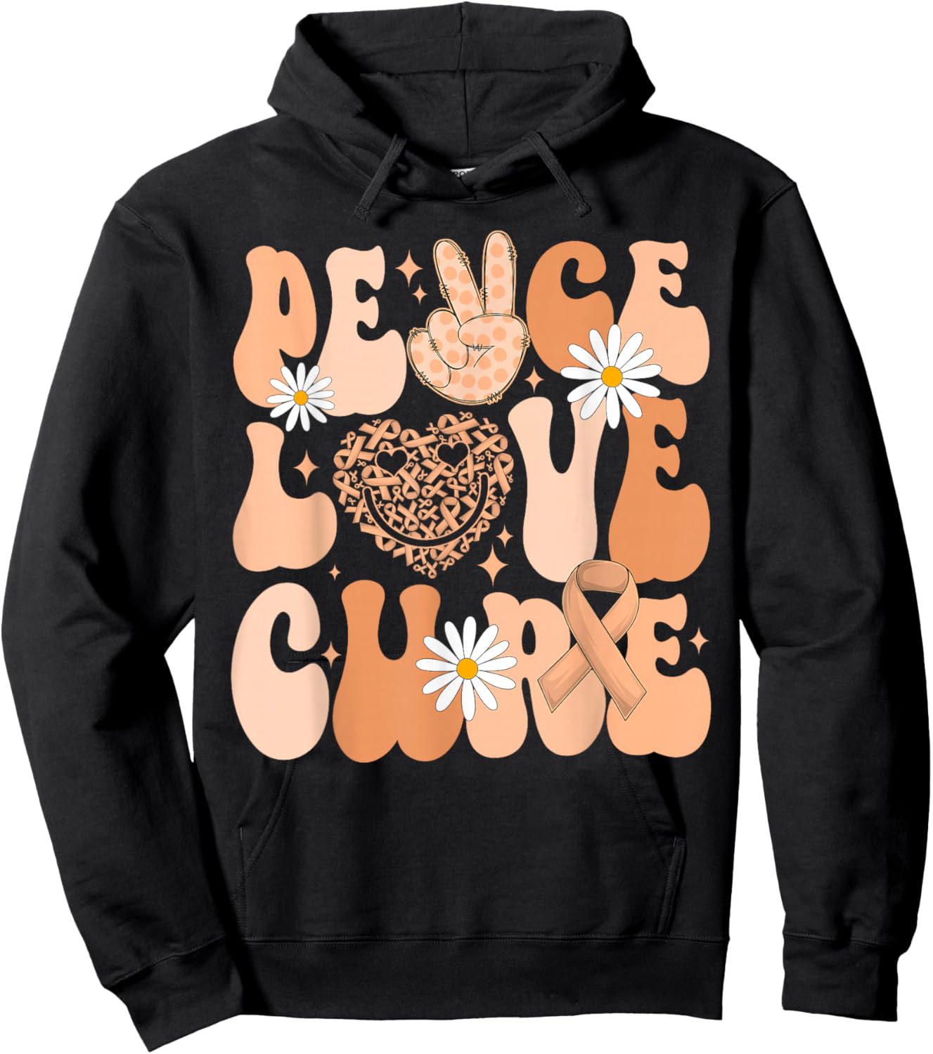 Retro Groovy Peace Love Cure Uterine Cancer Awareness Month Hoodie - Hoodie | Black