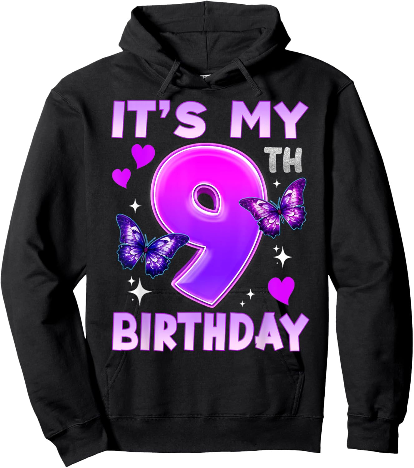 9th Birthday Butterfly Nine Bday 9 Year Old Birthday Girl Hoodie - Hoodie | Black