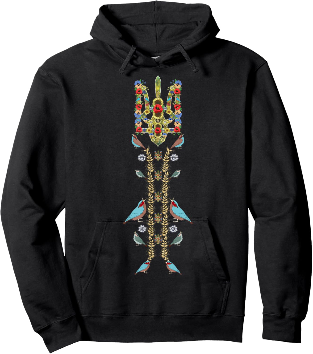 Ukraine Trysub (Dreizack) & Birds Retro Ukrainian Vyshyvanka Hoodie - Hoodie | Black