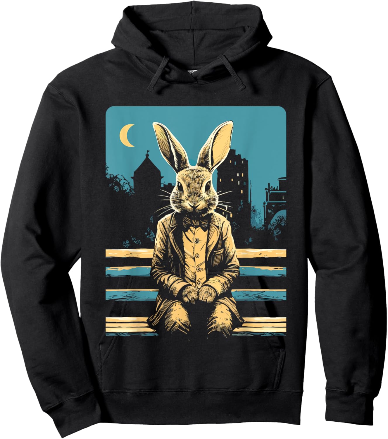 Rabbit on a park bench, Moon, Bunny Lovers, Men,Women, Kids Hoodie - Hoodie | Black