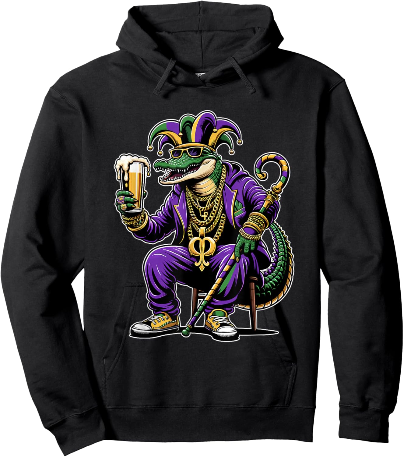 Beads & Bling Gangster Mardi Gras Gator Alligator Jester Hoodie - Hoodie | Black