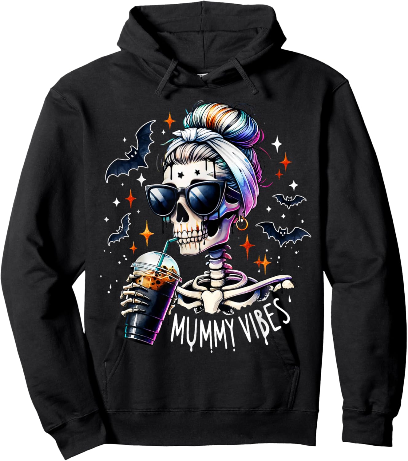 Mummy Vibes Skeleton Coffee Mom Spooky Season Halloween Hoodie - Hoodie | Black