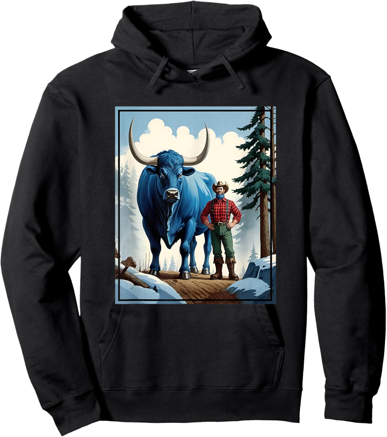 American Lumberjack Folk Hero Paul Bunyan & Babe The Giant Blue Ox in The Woods Hoodie - Hoodie | Black