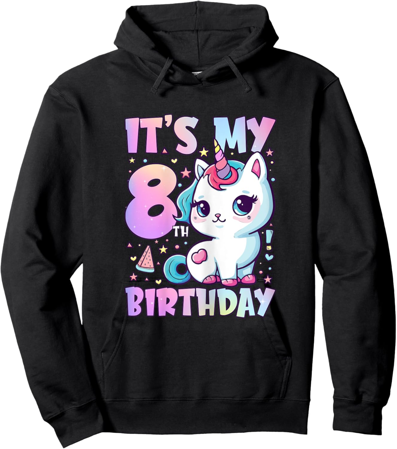 8th Birthday Shirt For Girls 8 Year Old Cat Unicorn Birthday Hoodie - Hoodie | Black