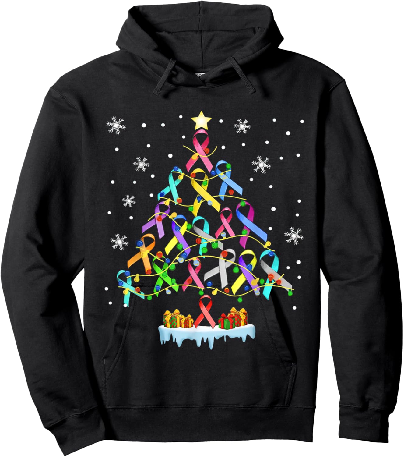 Hope Fight Cancer Christmas Tree Ribbon Christmas Awareness Hoodie - Hoodie | Black