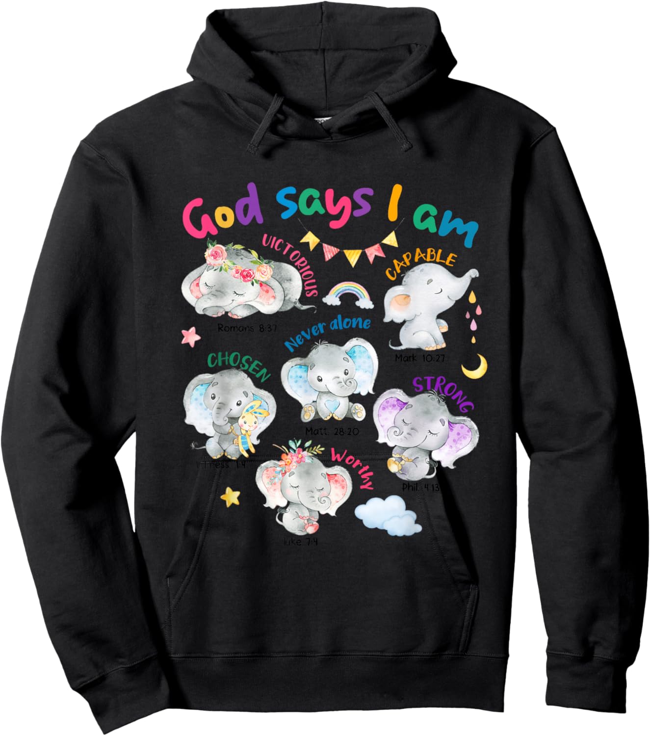 God Says I Am Cute Elephant Bible Verse Kids Toddler Girls Hoodie - Hoodie | Black