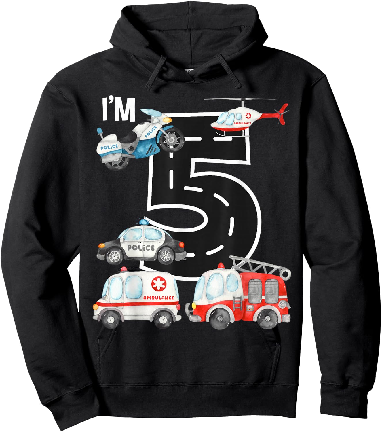 Emergency Vehicles 5th Birthday Fire Truck Police Car Boys Hoodie - Hoodie | Black