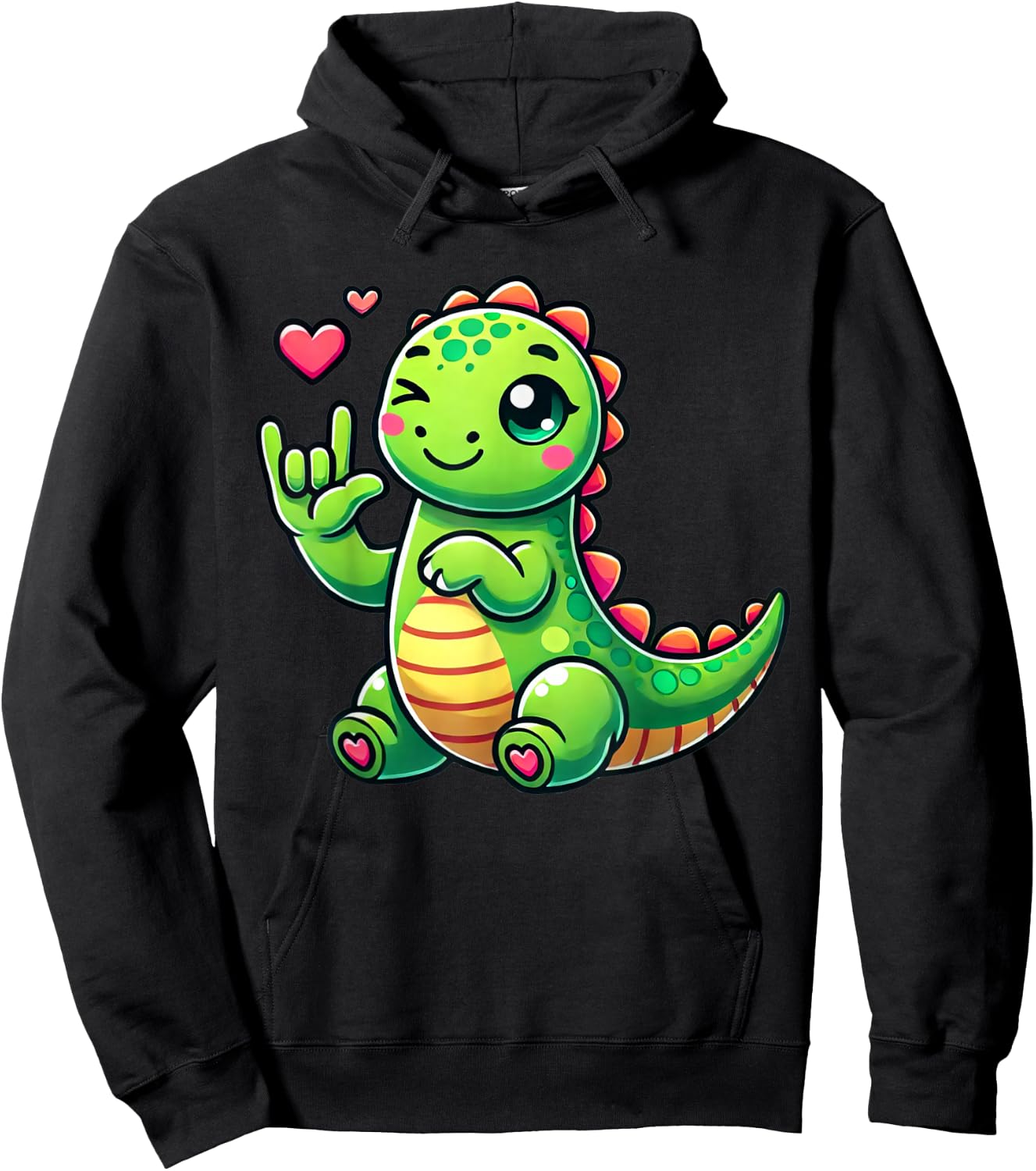 Cute Dinosaur Love You Hand Sign Language ASL Hoodie - Hoodie | Black