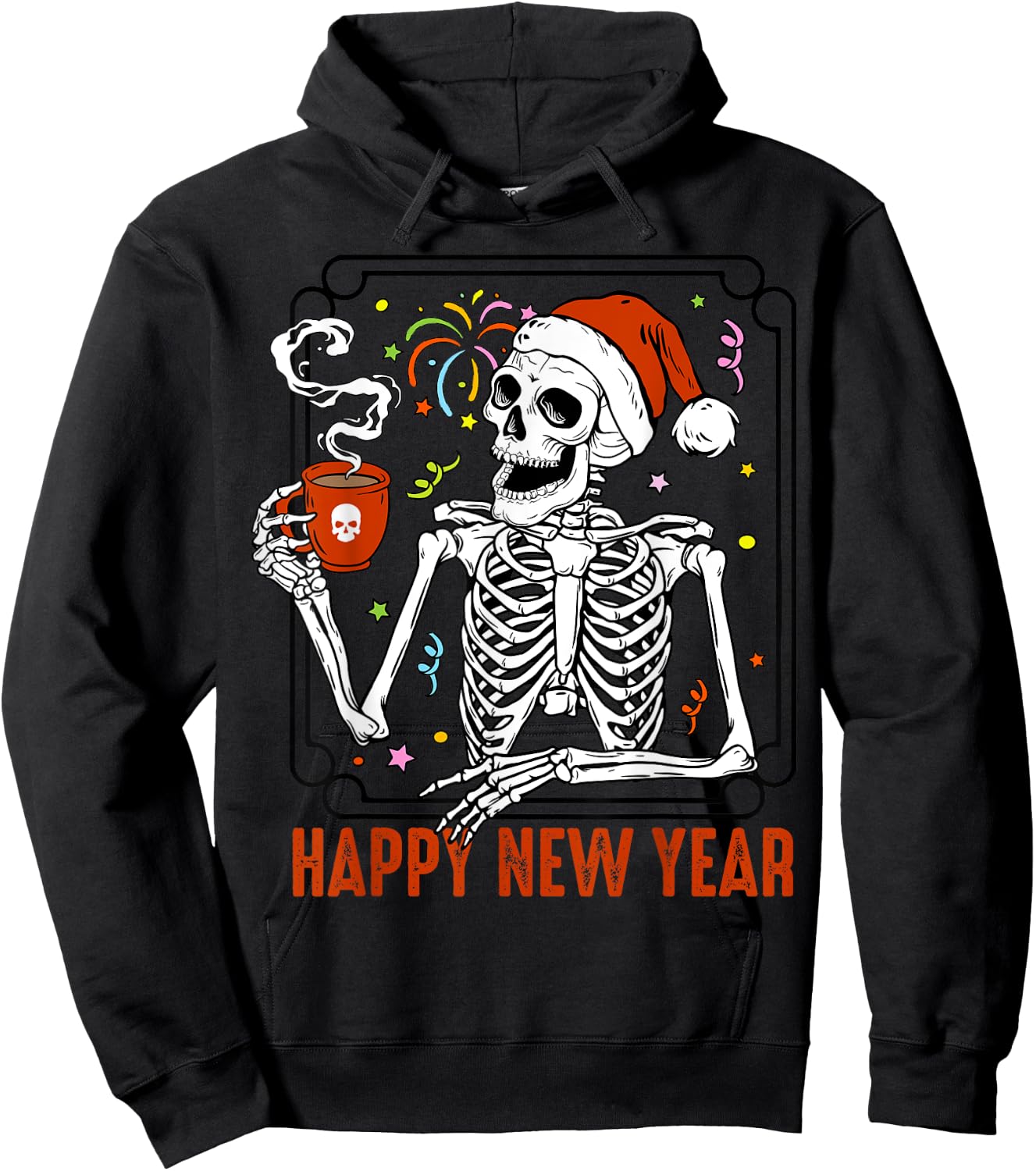 Happy New Year Christmas Funny Skeleton Drinking Coffee Xmas Hoodie - Hoodie | Black