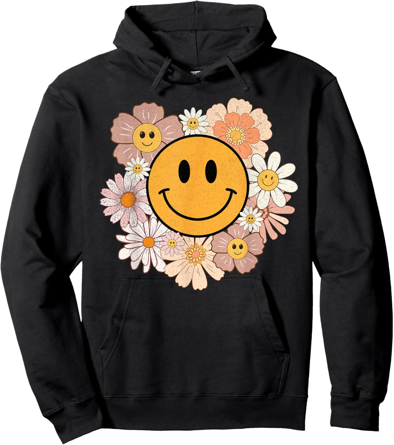 Retro Groovy Smile Happy Face Cute Hippie Flowers 70s Hoodie - Hoodie | Black
