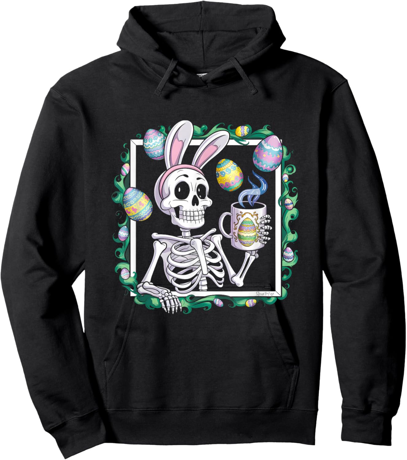 Happy Easter Skeleton Wearing Bunny Ear Drink Coffee Eggs Hoodie - Hoodie | Black