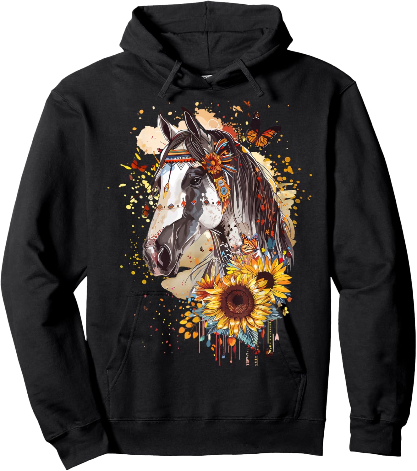 American Paint Horse Lover CowGirl Sunflower Horse Portrait Hoodie - Hoodie | Black