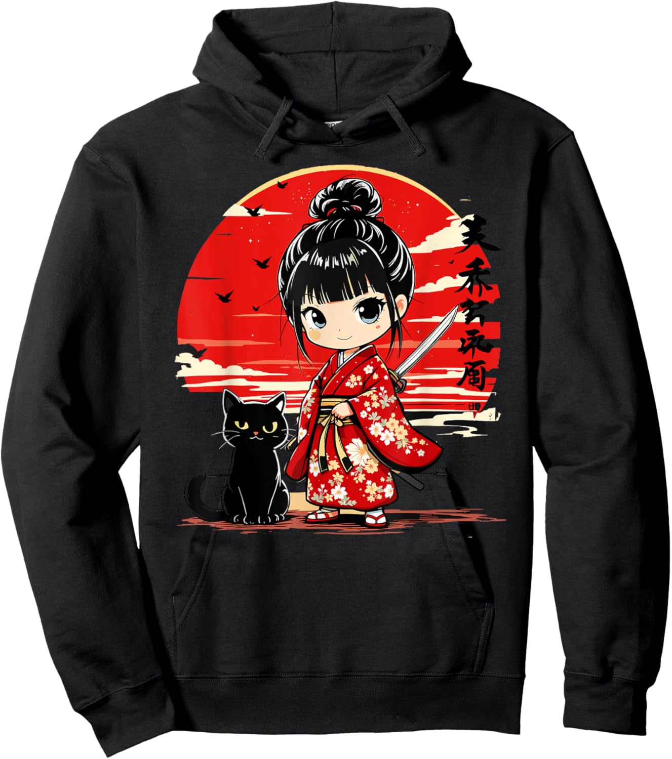 Cute Kawaii Samurai Girl and Cat Japanese Anime Kids Girls Hoodie - Hoodie | Black