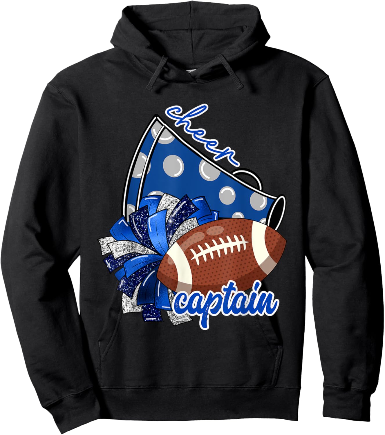 Cheer Captain Shirt, Megaphone Pom Pom Football Blue Hoodie - Hoodie | Black