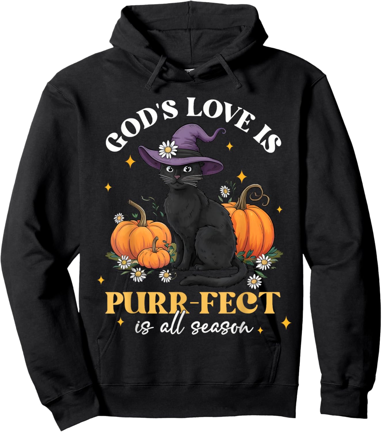 God's Love Is Purr-fect Witch Black Cat Pumpkin Flowers Hoodie - Hoodie | Black