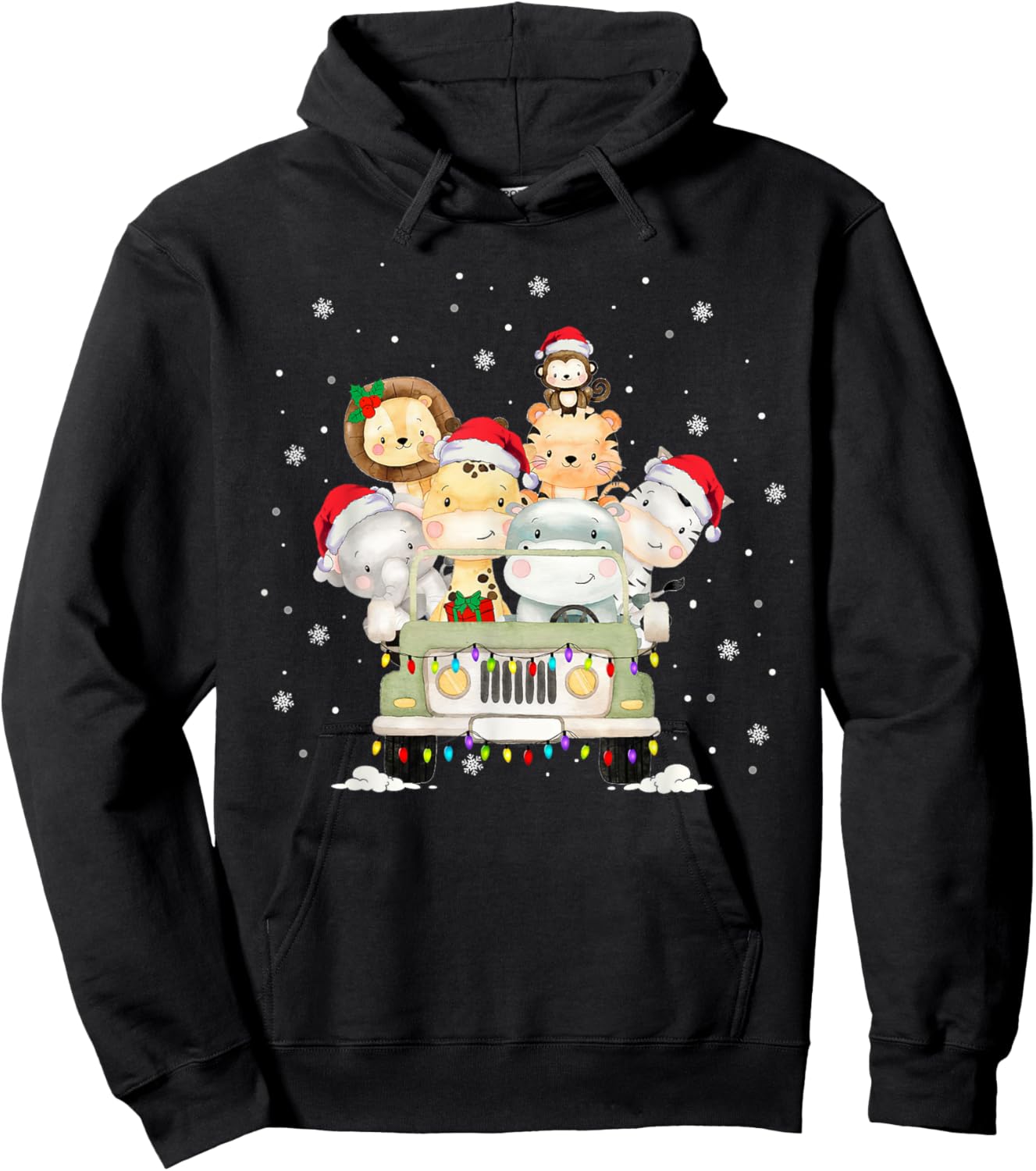 Jungle Safari Animals Merry Christmas Santa Hat Xmas Lights Hoodie - Hoodie | Black