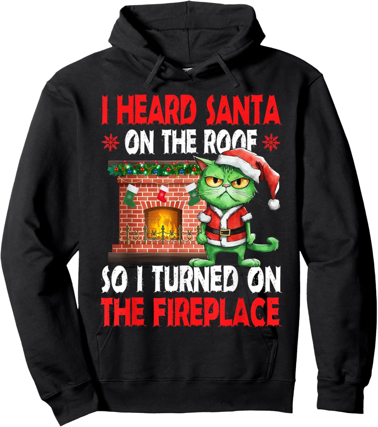 Grumpy Hates Santa Pun Fireplace Christmas Cat Hoodie - Hoodie | Black