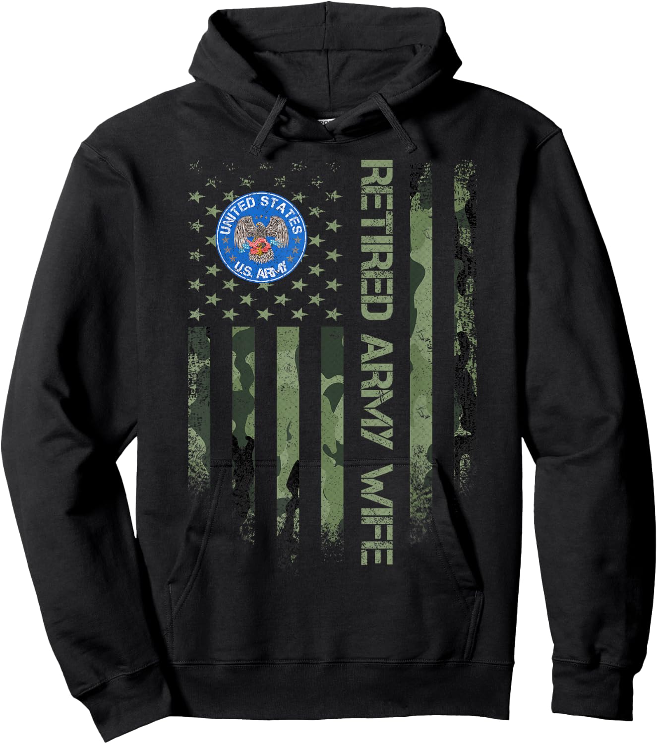 Vintage USA American Camo Flag Retired US Army Veteran Wife Hoodie - Hoodie | Black