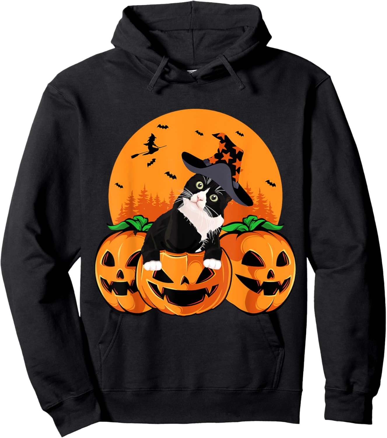 Tuxedo Cat Witch Hat Halloween Scary Jack O Lantern Pumpkins Hoodie - Hoodie | Black