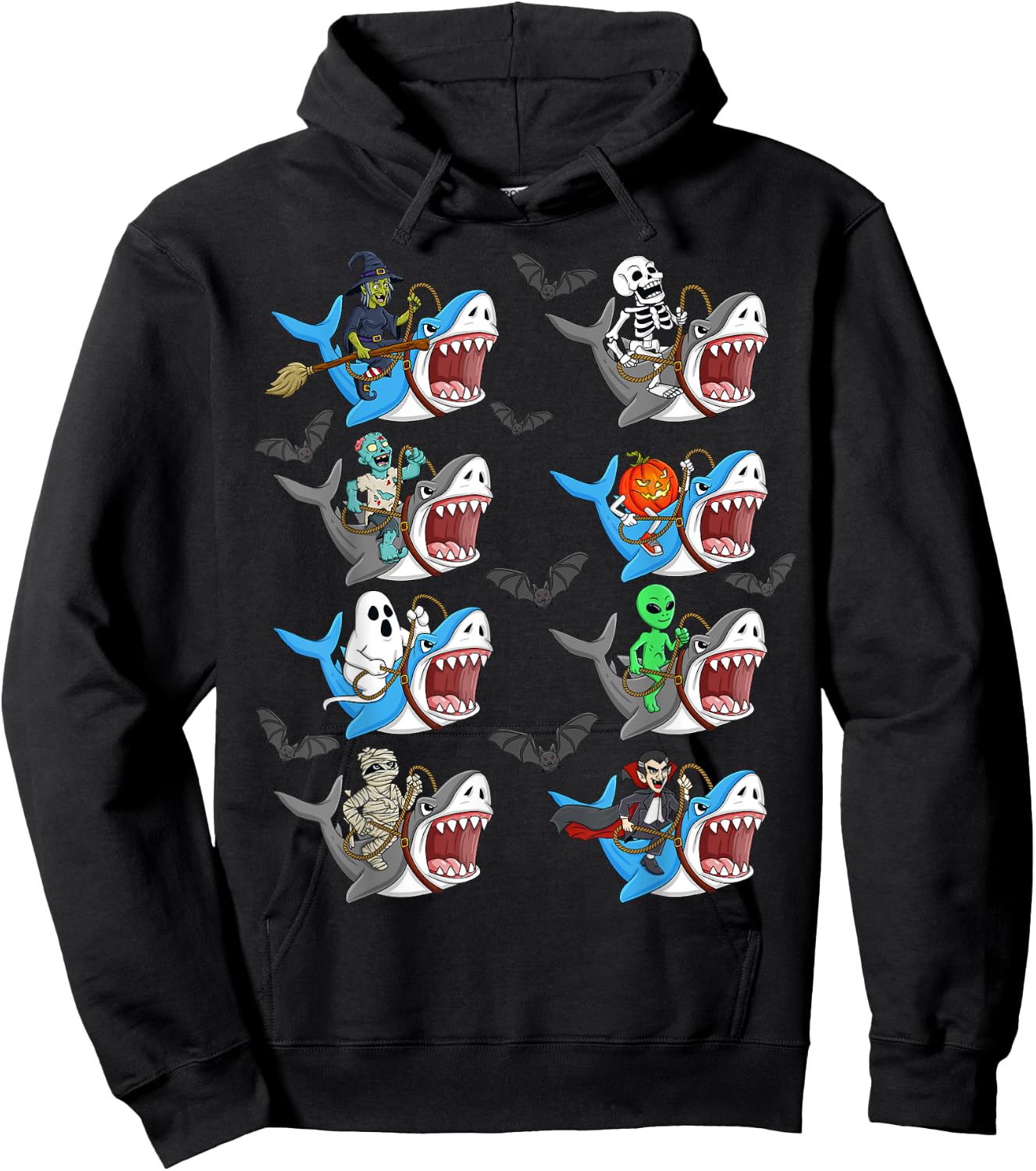 Halloween Skeleton Zombie Riding Shark Mummy Vampire Boys Hoodie - Hoodie | Black