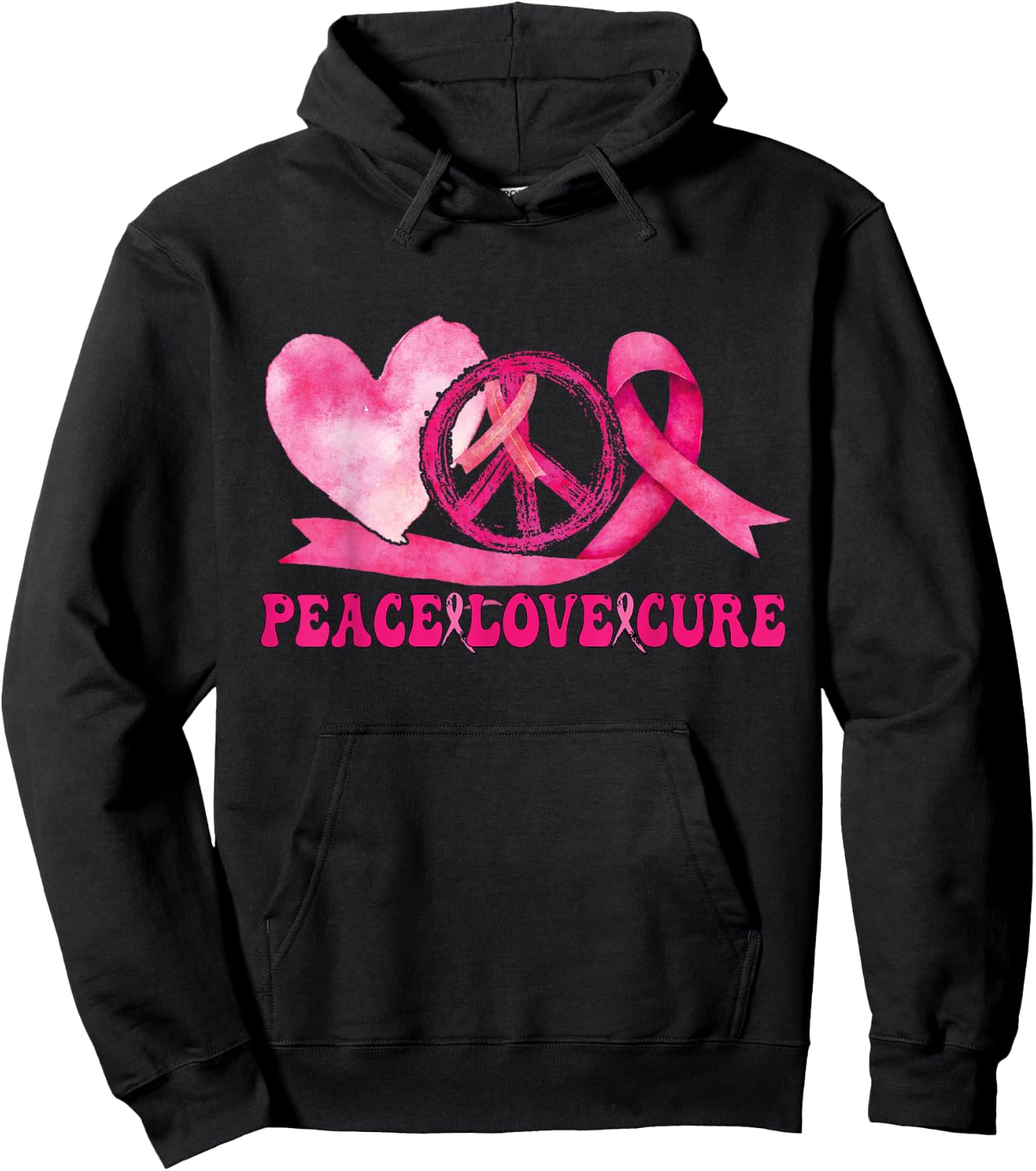 Peace Love Cure Pink Ribbon Cancer Breast Awareness Hoodie - Hoodie | Black