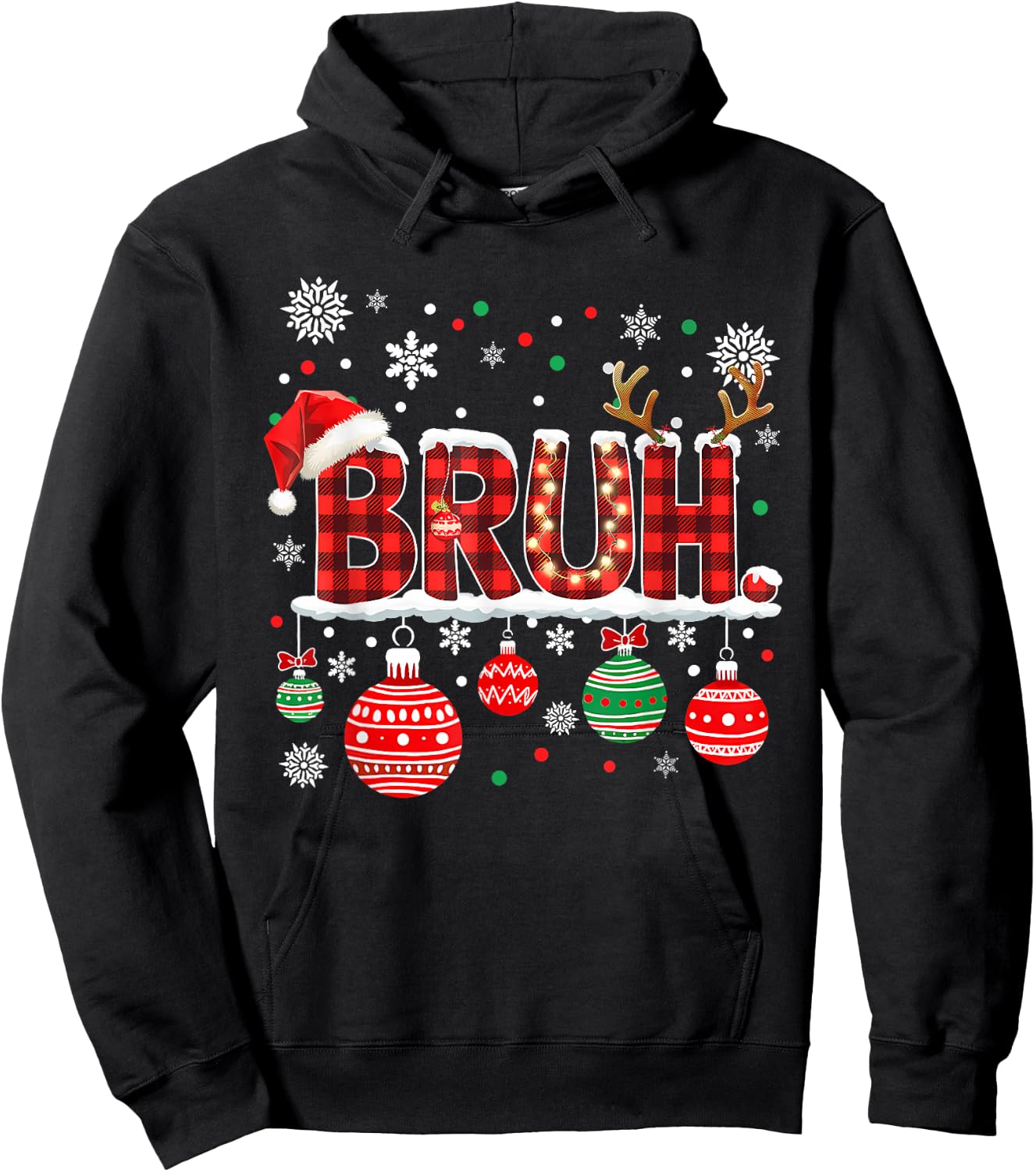 Bruh Funny Christmas Plaid Teens Boys Kids Xmas Pajamas Hoodie - Hoodie | Black