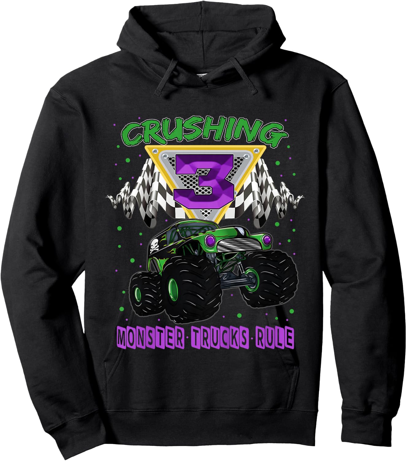 Monster Truck Crushing 3 Years Old Three 3rd Birthday Hoodie - Hoodie | Black