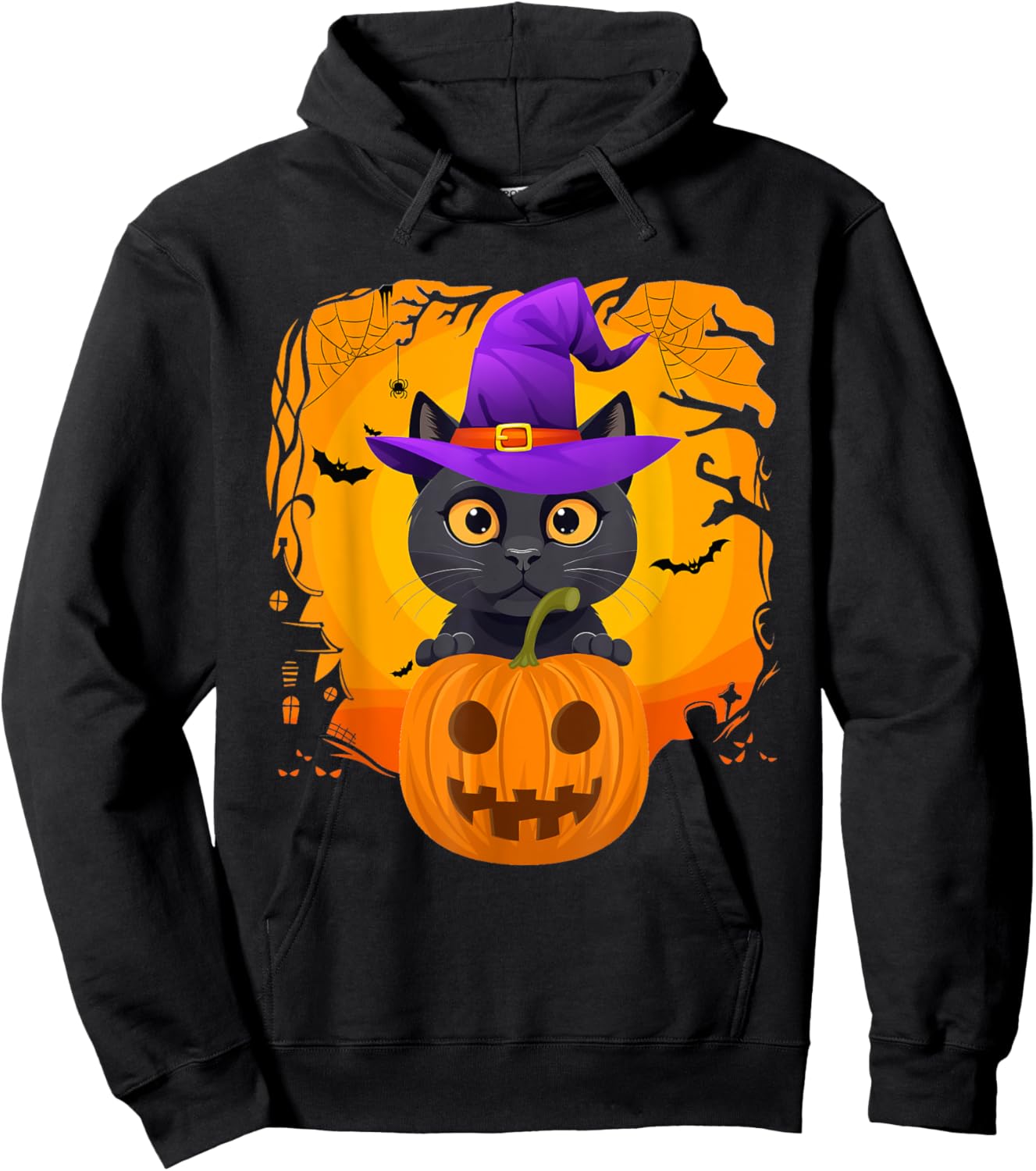 Cute Black Cat Halloween Pumpkin Costume witch Hat Kids Hoodie - Hoodie | Black