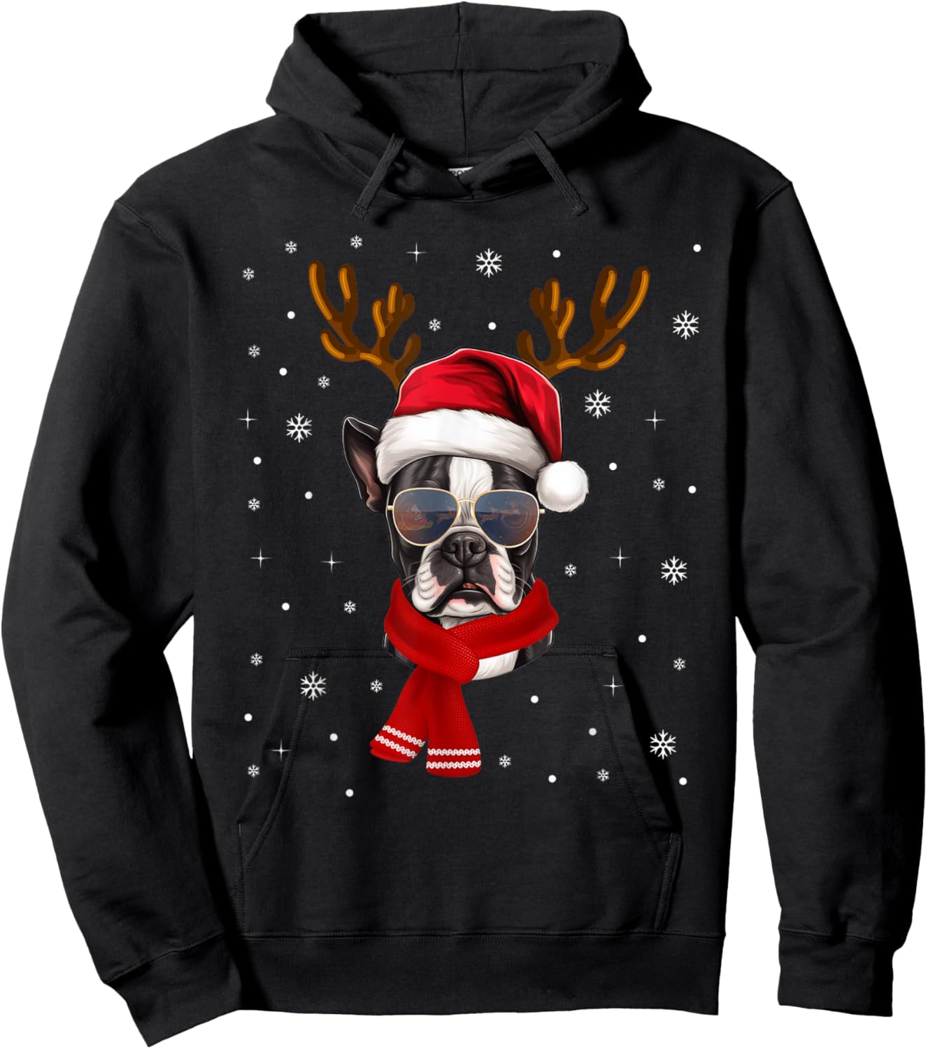 Funny Family Matching Reindeer Xmas Boston Terrier Christmas Hoodie - Hoodie | Black