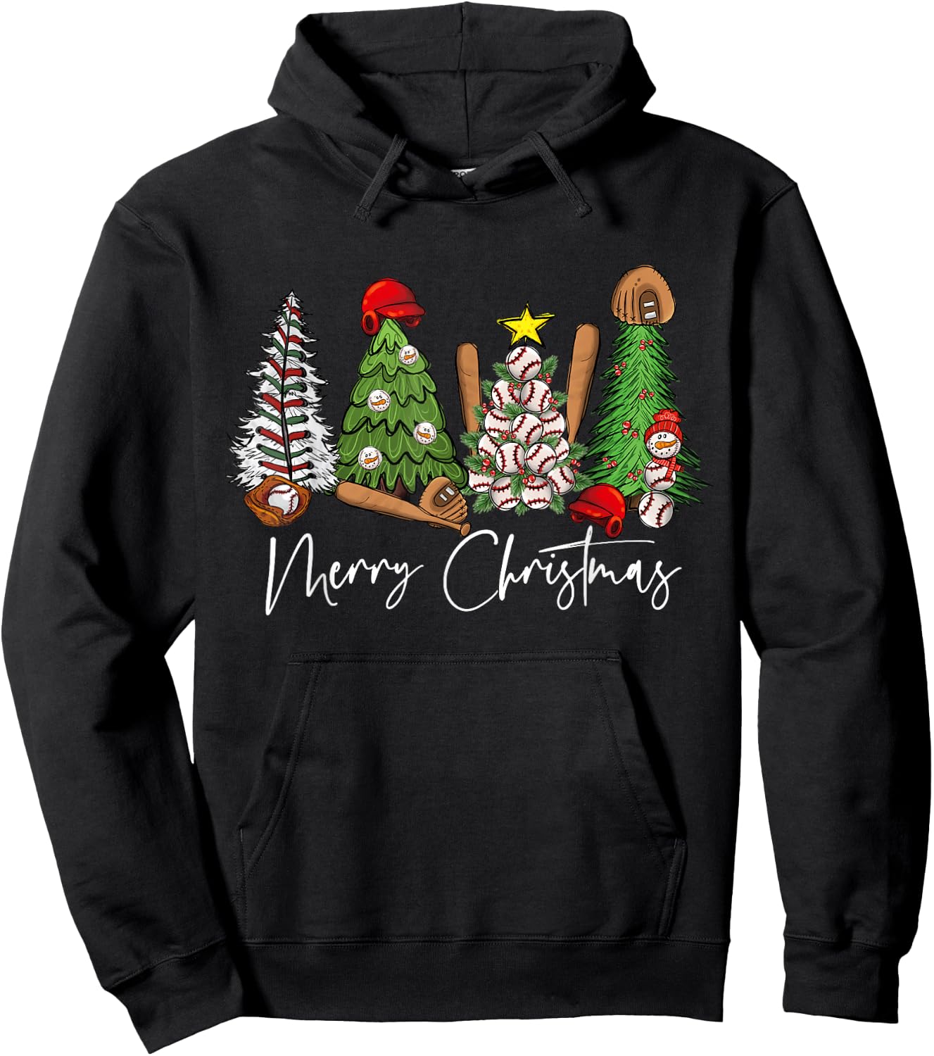 Merry Christmas Trees Baseball Xmas Hoodie - Hoodie | Black