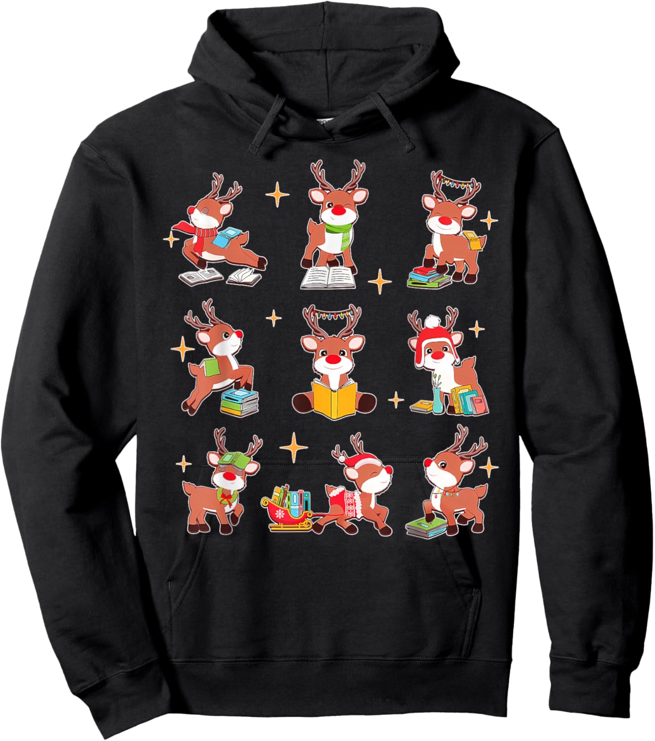 Funny Cute Reindeer Reading Teacher Christmas Book Lover Hoodie - Hoodie | Black