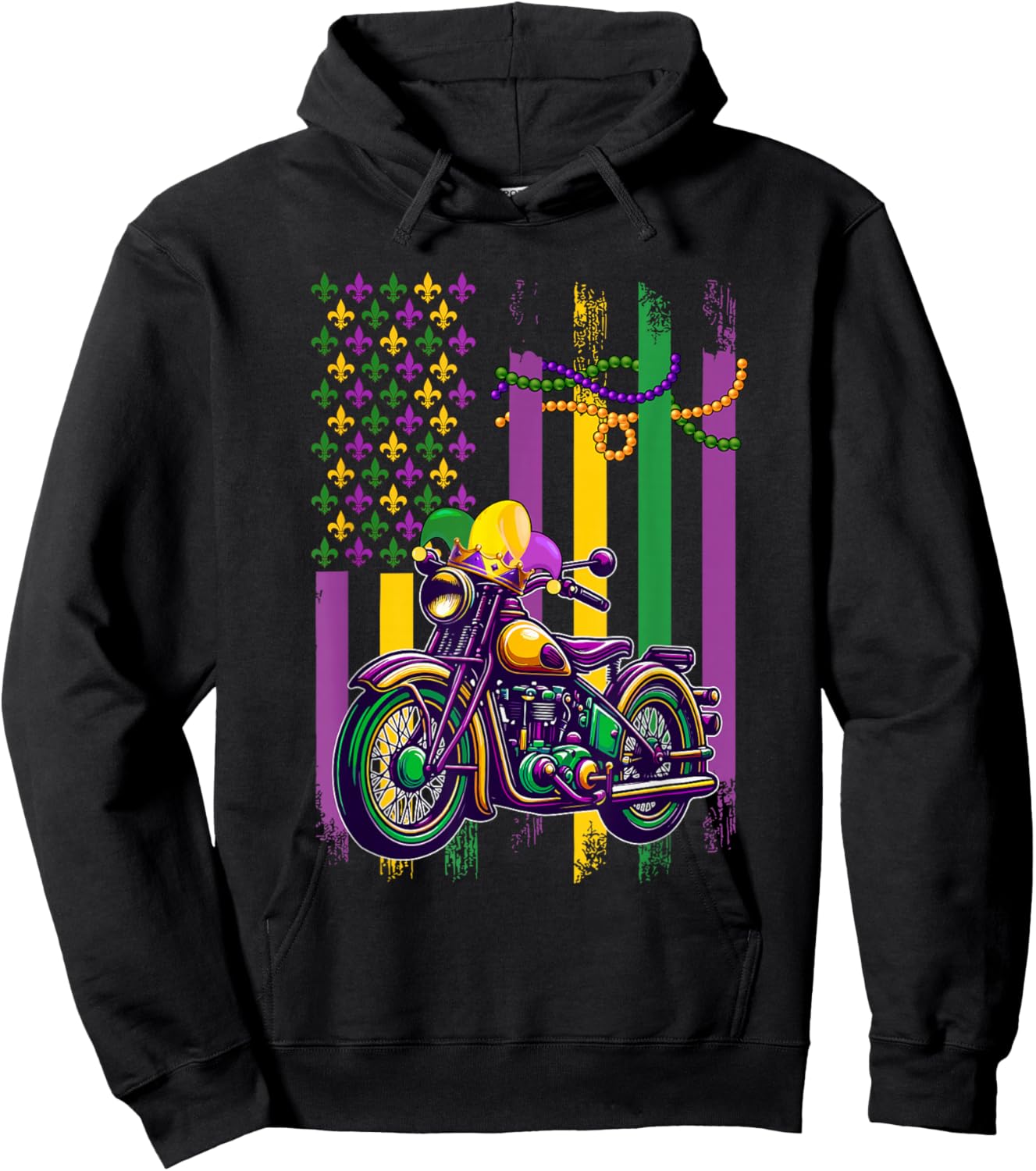 American Flag Mardi Gras Motorcycle Wearing Jester Hat Beads Hoodie - Hoodie | Black